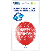 Grote ballon (60cm) print: "Happy Birthday" transparant rood