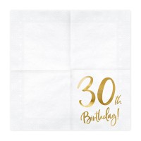 Serviettes en Papier "30th Birthday" Blanc-Or - 20 pcs. (33 x 33cm)
