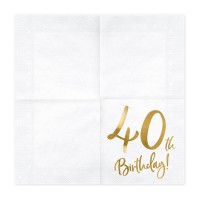 Serviettes en Papier "40th Birthday" Blanc-Or - 20 pcs. (33 x 33cm)