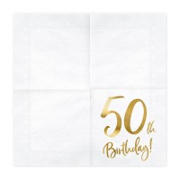 Serviettes en Papier "50th Birthday" Blanc-Or - 20 pcs. (33 x 33cm)