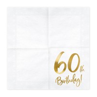 Serviettes en Papier "60th Birthday" Blanc-Or - 20 pcs. (33-x-33cm)