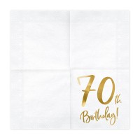 Serviettes en Papier "70th Birthday" Blanc-Or - 20 pcs. (33 x 33cm)