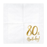Serviettes en Papier "80th Birthday" Blanc-Or - 20 pcs. (33 x 33cm)