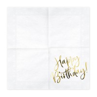 Servetten Papier "Happy Birthday" Wit-Goud - 20 stuks (33 x 33cm)