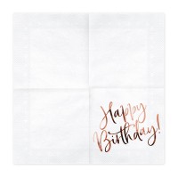 Servetten "Happy Birthday" wit-roségoud 20st. (33x33cm)