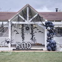 Folieballonslinger Tekst 'HAPPY HALLOWEEN' Zwart, met webben en vleermuizen