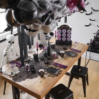 Purple, Black and Grey Balloon Arch Backdrop with Streamers, Cobwebs & Bats