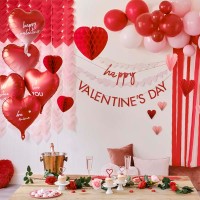 DIY Kit Red & Pink Balloon Arch Party Backdrop with Streamers and Paper Heart Decorations