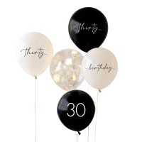 Ballons Standards (30cm) 30 Ans Noir-Blanc - Set de 5 Pièces
