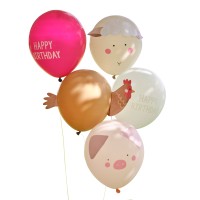 Ballons Standards 'Happy Birthday' Animaux de la Ferme - Set de 5 (30cm)