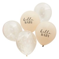 Ballons confettis blancs et standard 'Hello Baby' taupe - Set de 5 pcs. (30cm)