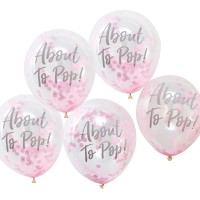 Pink Confetti 'About To Pop!' Baby Shower Balloons - 5 pcs. (12"/30cm) 