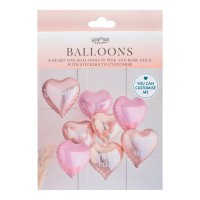 Set Ballons Aluminium Coeurs Personnalisables avec Autocollants, Rose & Rose Doré