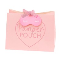 Pink Glitter Pamper Pouch with Eye Mask Shaped Tag and Pink Ribbon