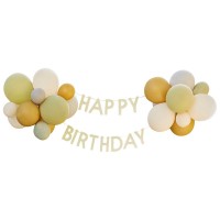 Guirlande Happy Birthday avec Ballons Vert, Gris, Sable & Doré Chrome