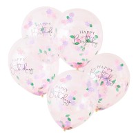 Confettiballonnen Happy Birthday Bloemen - 5 Stuks