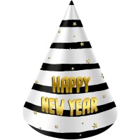 Party Hats Happy New Year Black-Gold - 6 pcs. (10cm)